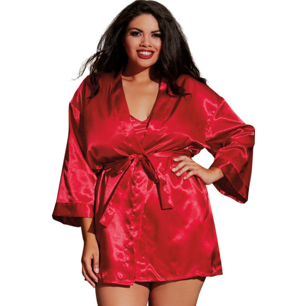 Nuisette grande taille rouge avec peignoir satinés 